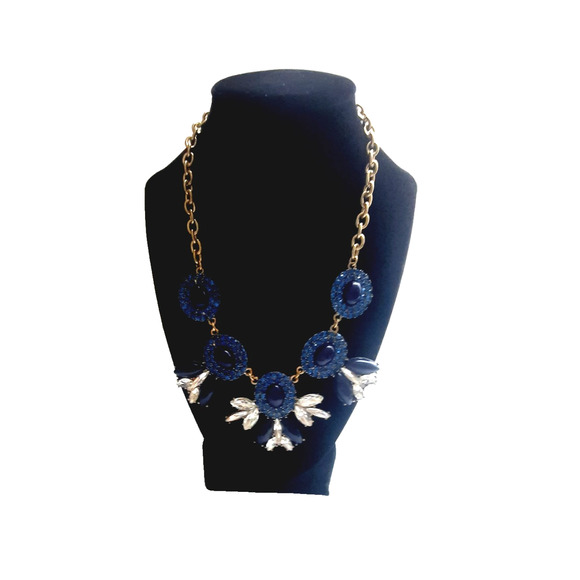 J.Crew Blue And Clear Crystal Stone Gold Tone Statement Necklace 17" + 2" Ext - Picture 1 of 5